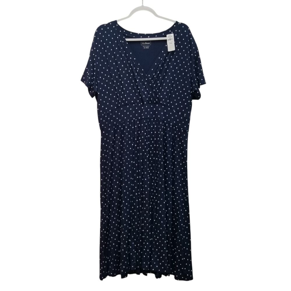 LL Bean NWT Dress Navy Blue White Polka Dot Faux Wrap Swing Stretch Knit 1X